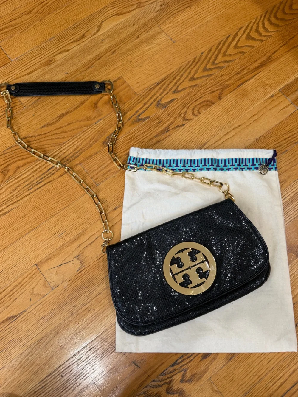 Tory Burch Reva Black Snake Embossed Clutch Crossbody Gold Chain
